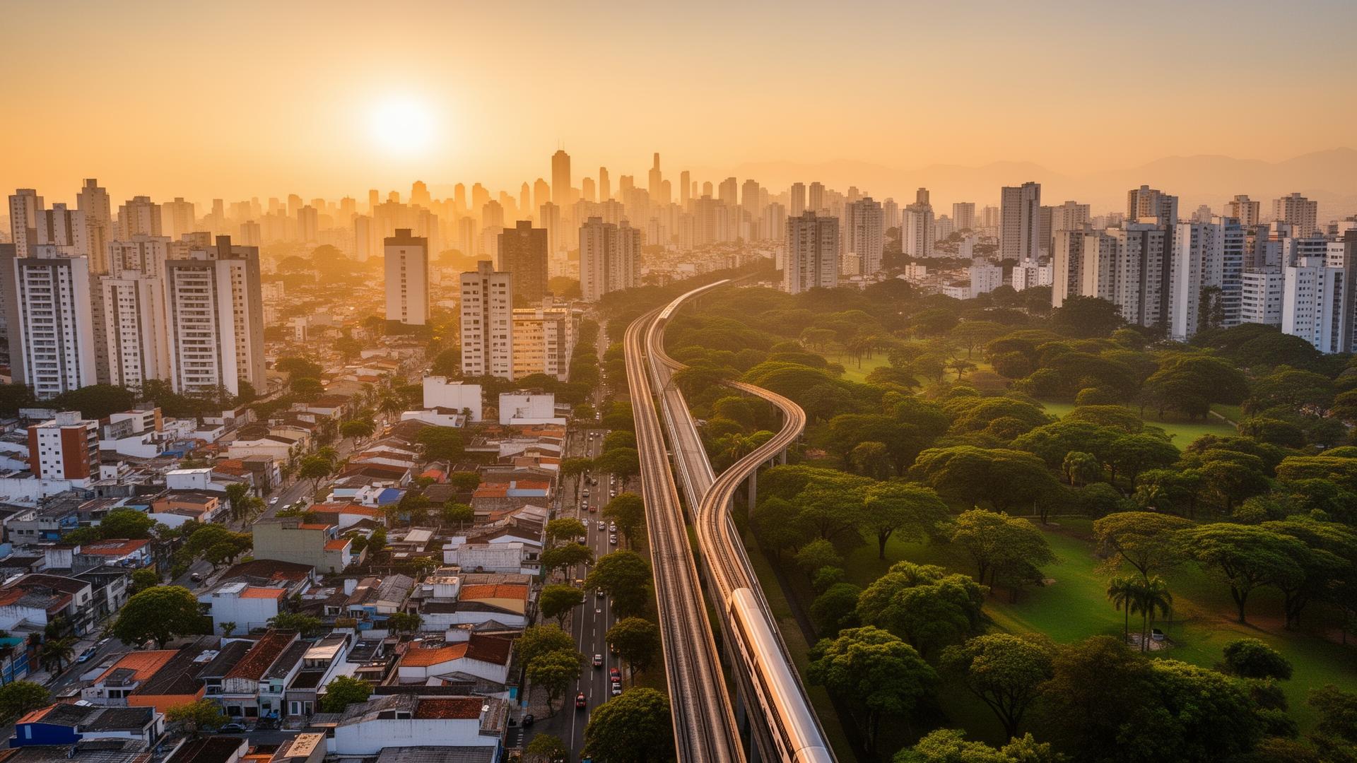 Vista aérea do bairro Vila Prudente ao entardecer, com o monotrilho da Linha 15-Prata cortando a paisagem